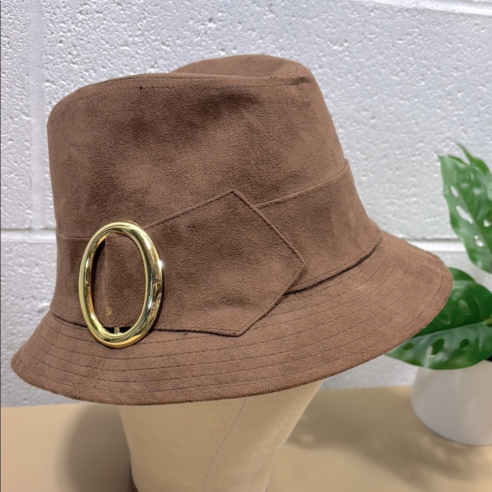 Brown Suede look Bucket Hat / fedora with Gold Accent